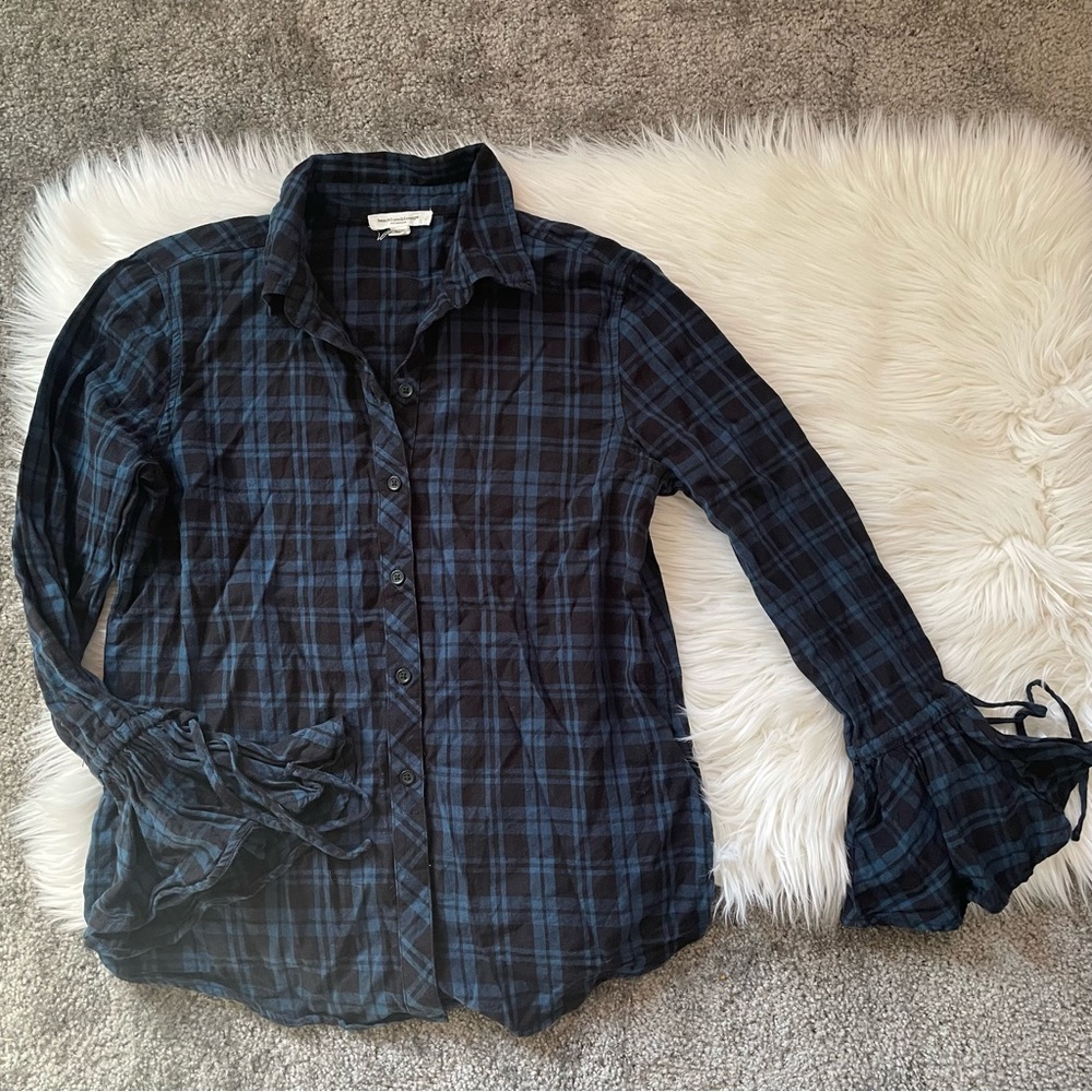 beachlunchlounge Ruffle Sleeve Button Up Plaid Flannel Shirt Size Small